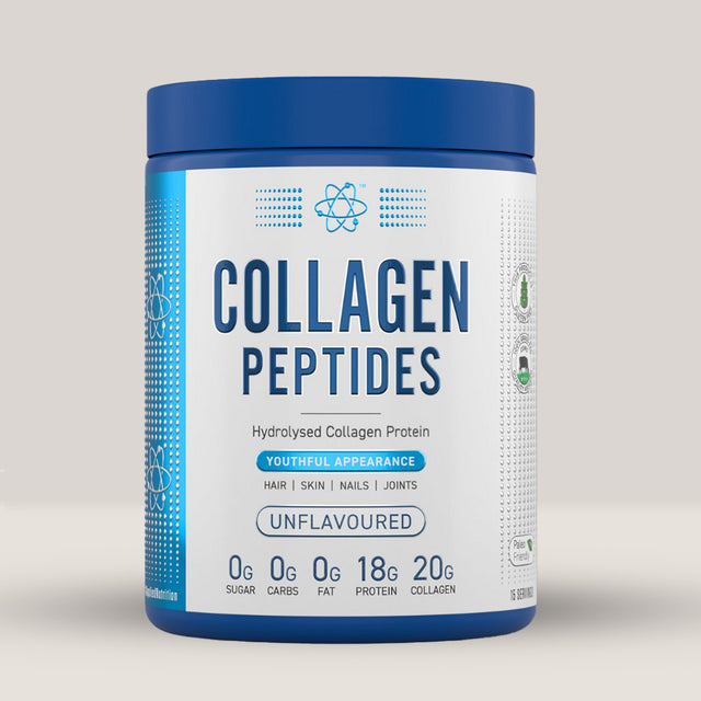 Imagine cu o cutie de Hydrolised Collagen Peptides (300g, 15 serviri) de la Applied Nutrition, un supliment cu colagen hidrolizat pur.