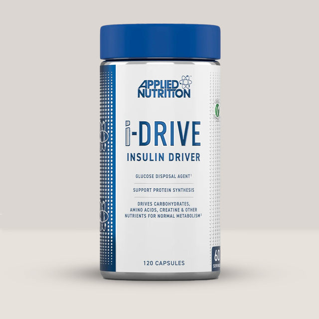 Imagine cu o cutie de iDrive (120 capsule vegetale) de la APPLIED NUTRITION, un supliment GDA pentru susținerea metabolismului și creșterea masei musculare.