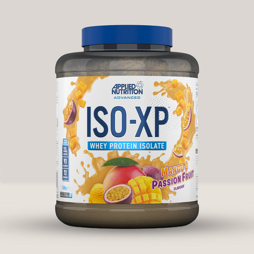 Imagine cu o cutie de ISO-XP Whey Protein Isolate (1.8kg, 72 de serviri) de la Applied Nutrition, un izolat proteic din zer de la vaci hrănite cu iarbă cu aroma de mango si fructul pasiunii.