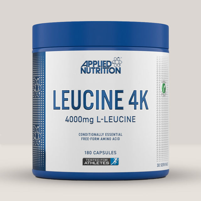  Imagine cu o cutie de Leucine 4K (180 capsule) de la APPLIED NUTRITION, un supliment cu aminoacidul L-leucină pentru creșterea masei musculare.