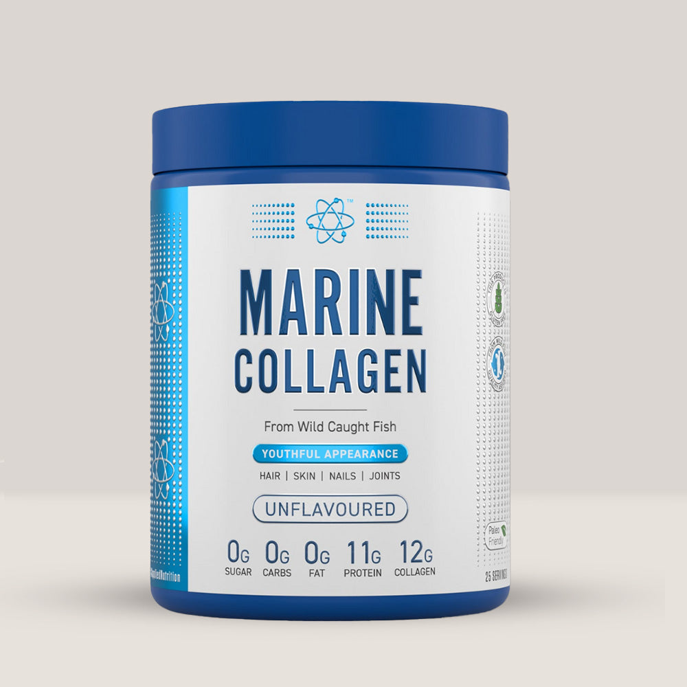 Imagine cu o cutie de Marine Collagen Powder (300g, 25 de serviri) de la Applied Nutrition, un supliment cu colagen marin hidrolizat.