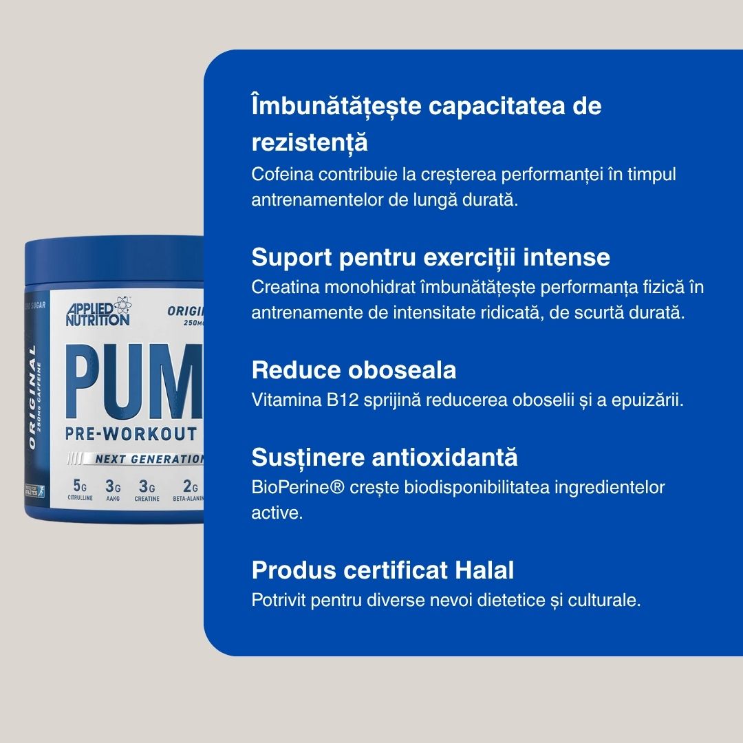 Performanță pură, energie amplificată, focus absolut, zero stimulenți. Pre-Workout Pump 3G.