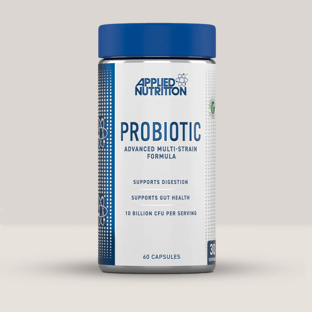 Imagine cu o cutie de Probiotic Advanced Multi-Strain Formula (60 capsule) de la APPLIED NUTRITION, un supliment cu probiotice pentru sănătatea digestivă și imunitate.