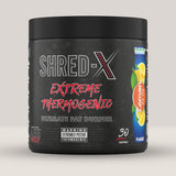 Imagine cu o cutie de Shred X Powder Fat Burner Lemon Ice Tea 300g (30 de serviri) de la APPLIED NUTRITION, un arzător de grăsimi termogenic cu aromă de ceai cu gheață și lămâie.