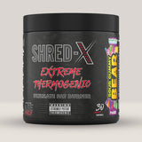 Imagine cu o cutie de Shred X Powder Fat Burner Lemon Ice Tea 300g (30 de serviri) de la APPLIED NUTRITION, un arzător de grăsimi termogenic cu aromă de sour gummy bear.