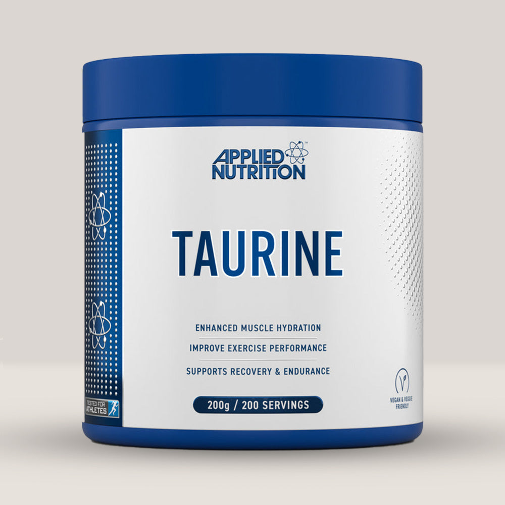 Imagine cu o cutie de Taurine Supplement 200g (200 de serviri) de la APPLIED NUTRITION, un supliment cu taurină pentru funcția cognitivă și performanță sportivă.
