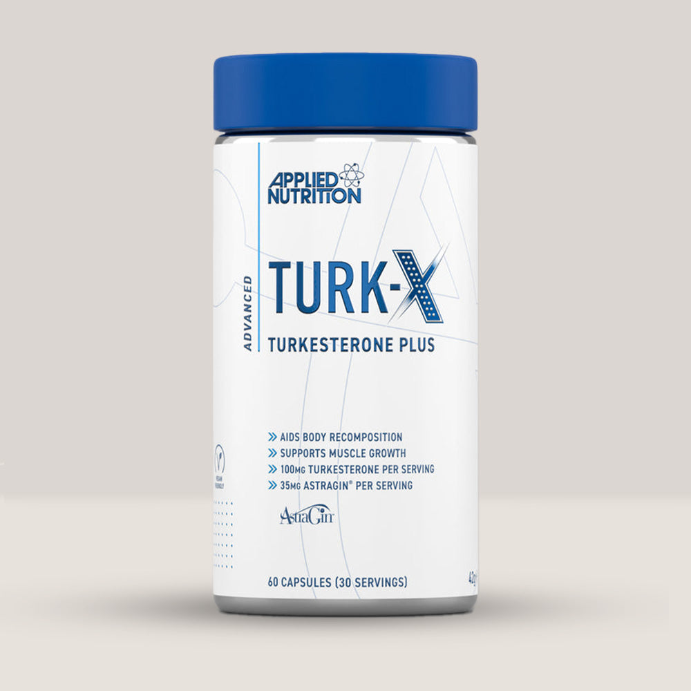 Imagine cu o cutie de TURK X - Turkesterone Plus (60 capsule) de la APPLIED NUTRITION, un supliment pentru creșterea masei musculare cu extract de Ajuga Turkestanica.