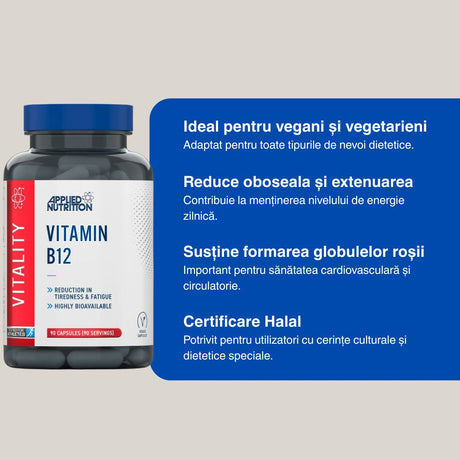 Vitalitate maximă cu Vitamina B12 Vitality de la Applied Nutrition. Performanță de top, zi de zi.