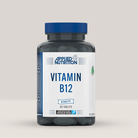 Imagine cu o cutie de Vitamin B12 Vitality (90 tablete) de la Applied Nutrition, un supliment cu vitamina B12 pentru energie și funcționarea sistemului nervos.