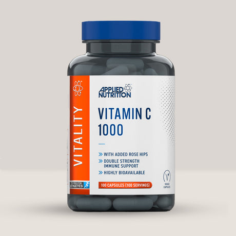 Imagine cu o cutie de Vitamin C 1000mg (100 de serviri) de la APPLIED NUTRITION, un supliment cu vitamina C pentru imunitate și protecție celulară.
