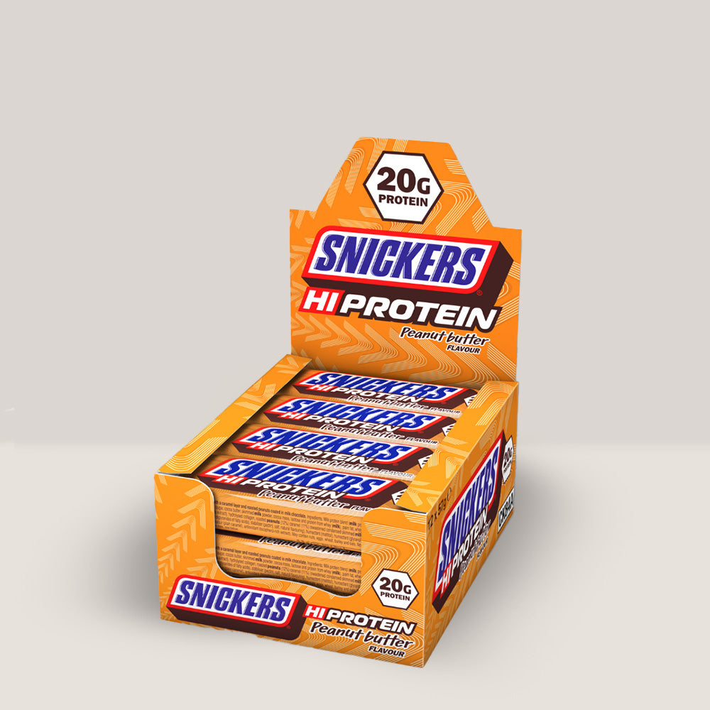 Imagine cu cutie de 12 batoane proteice Snickers Unt de Arahide High Protein Bar de la MARS PROTEIN, 57g per baton.