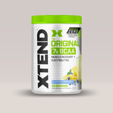 Recipient alb de Xtend Natural Zero de la Scivation, un supliment natural cu BCAA și electroliți pentru recuperare și hidratare.