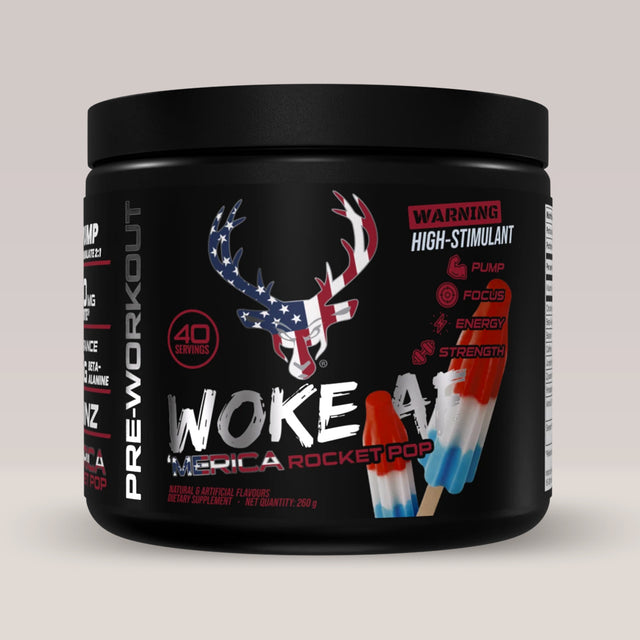 Imagine cu suplimentul pre-workout Woke AF High Stimulant de la Bucked Up, 260g, 40 de serviri. American aroma.