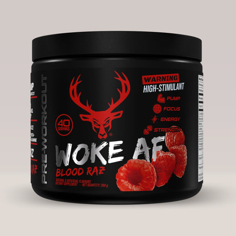 Imagine cu suplimentul pre-workout Woke AF High Stimulant de la Bucked Up, 260g, 40 de serviri. Blood Raz aroma.