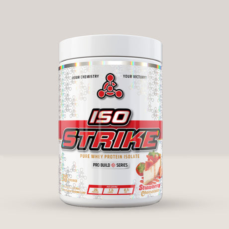 Imagine cu proteina din zer Iso Strike de la Chemical Warfare, 900g, 30 de serviri. Strawberry cheesecake aroma.