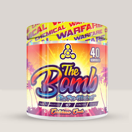 Imagine cu suplimentul pre-workout The Bomb de la Chemical Warfare, 360g, 40 de serviri. Caribbean Crush aroma.