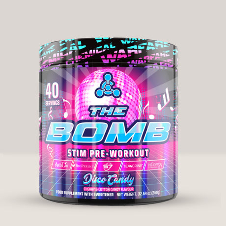 Imagine cu suplimentul pre-workout The Bomb de la Chemical Warfare, 360g, 40 de serviri. Disco candy aroma.