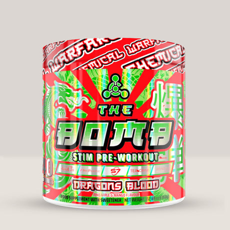 Imagine cu suplimentul pre-workout The Bomb de la Chemical Warfare, 360g, 40 de serviri. Dragons blood aroma.