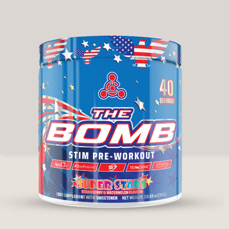 Imagine cu suplimentul pre-workout The Bomb de la Chemical Warfare, 360g, 40 de serviri. Super stars aroma.