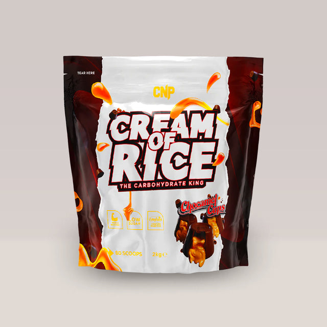 Imagine cu crema de orez CNP Cream of Rice cu aromă de Chocamel Cups (ciocolată și caramel), 2kg, 80 de serviri.