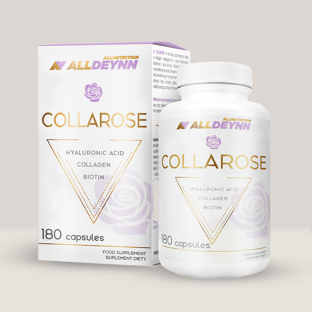 Flacon de Collarose Capsule de la Alldeynn, supliment cu colagen VERISOL® pentru piele, păr și unghii, 180 de capsule.