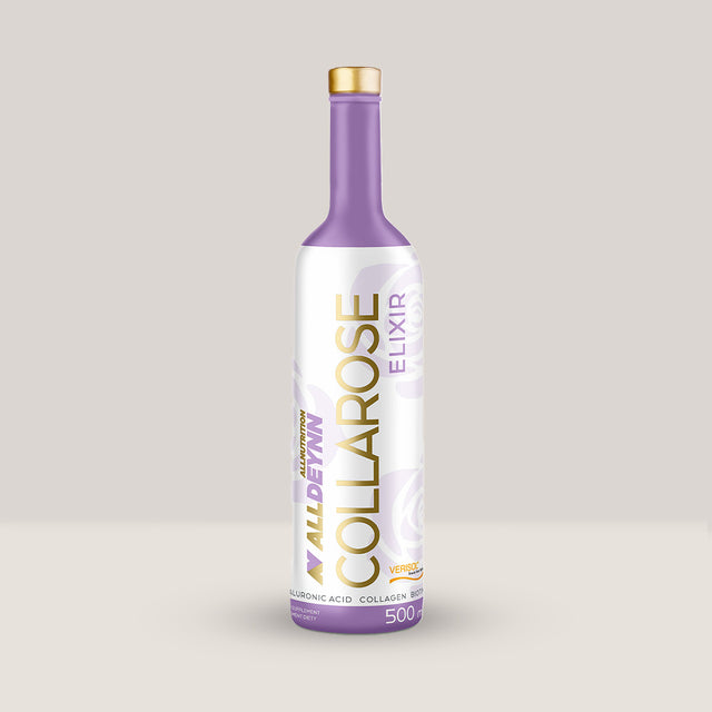 Sticlă de Collarose Elixir de la Alldeynn, supliment cu colagen lichid VERISOL® pentru piele, păr și unghii, 500ml.
