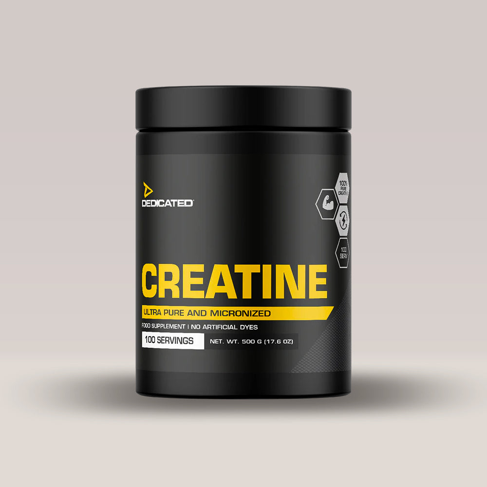 Imagine cu pudra de creatină monohidrat Creatine Monohydrate de la DEDICATED, 500g, 100 de serviri.