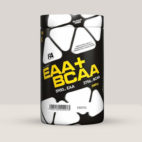 Cutie de EAA+BCAA de la Fitness Authority, supliment cu aminoacizi esențiali pentru recuperare musculară, ambalaj de 390g.