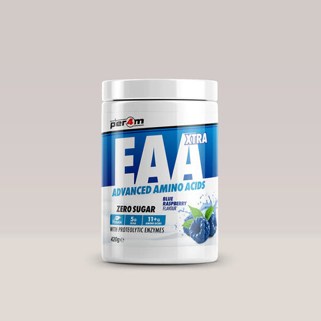 Recipient de aminoacizi esențiali vegani PER4M EAA Xtra, aroma Blue Raspberry. Blue raspberry.