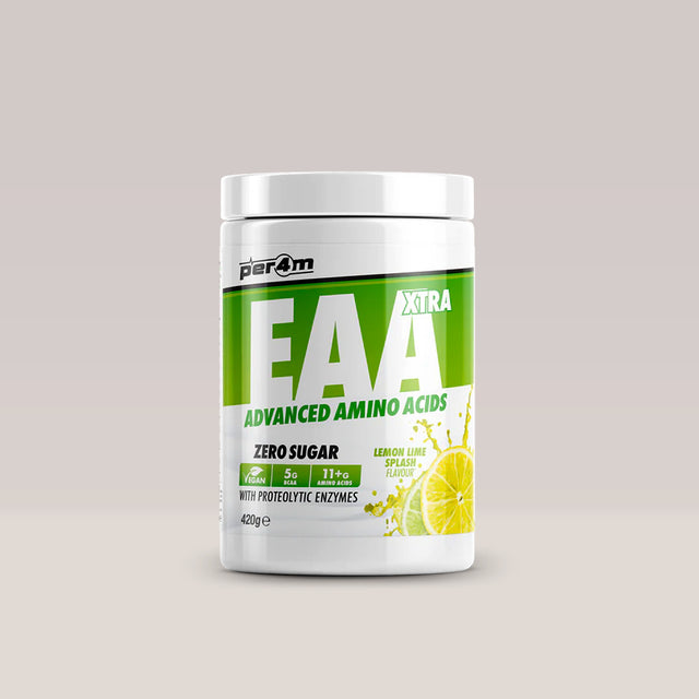 Recipient de aminoacizi esențiali vegani PER4M EAA Xtra, aroma Lemon Lime Splash.