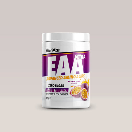 Recipient de aminoacizi esențiali vegani PER4M EAA Xtra, aroma Passion Fruit. BCAA. Vegan.