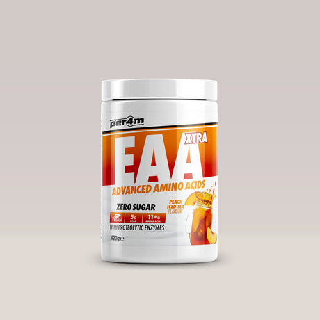 Recipient de aminoacizi esențiali vegani PER4M EAA Xtra, aroma Peach Iced Tea. BCAA. Vegan.