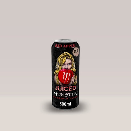 Doză de energizant Monster Juiced Bad Apple, cu aromă de mere, 500ml.