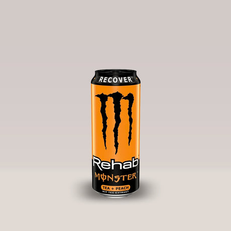 Doză de energizant non-carbonatat Monster Rehab Tea + Peach, cu aromă de ceai și piersici, 500ml.