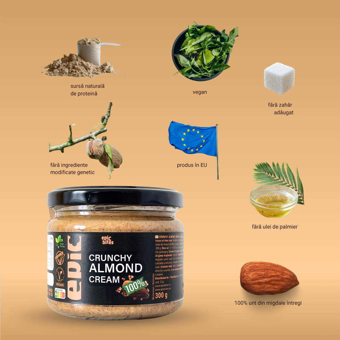 Crunchy Almond Cream 300g – Unt de migdale 100% natural (textură crocantă & fără zahăr adăugat) | EPIC BITES