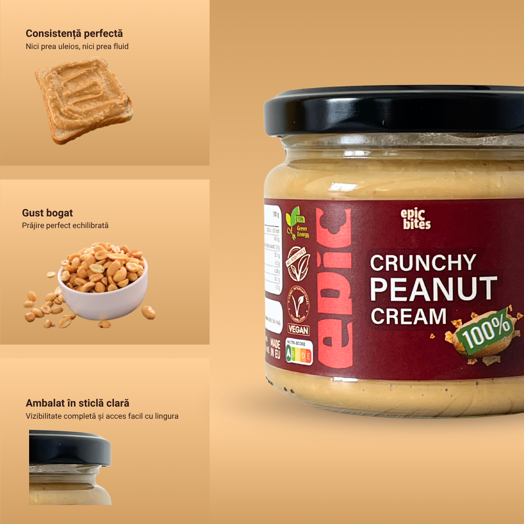 Crunchy Peanut Cream 300g – Unt de arahide 100% natural (textură crocantă & fără zahăr adăugat) | EPIC BITES