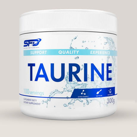 Imagine cu o cutie de SFD Taurine REBREND (300g, 100 de serviri) de la SFD Nutrition, un supliment cu taurină pură pentru energie și performanță.