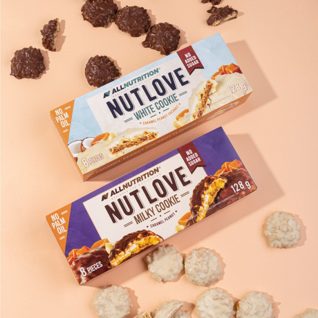 Imagine cu 2 cutii de biscuiți proteici Nutlove Cookies 128g de la FitKing Delicious, o gustare delicioasă și sănătoasă cu conținut ridicat de proteine.