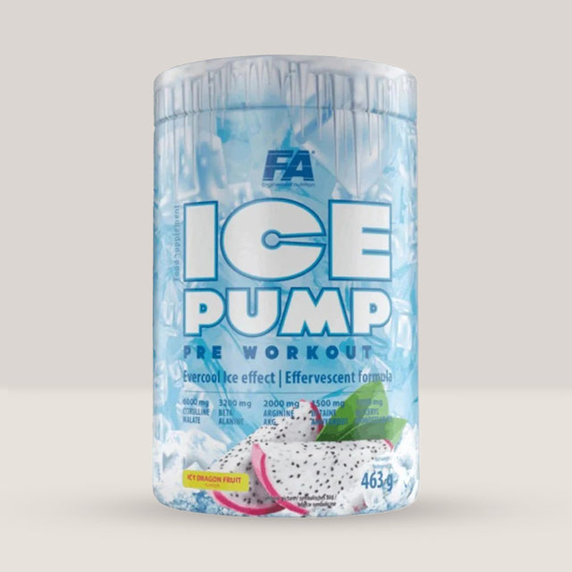 Imagine cu Fitness Authority Ice Pump Pre-Workout, 463g, 50 de serviri, cu cofeină, efect de răcorire. Dragon fruit aroma.