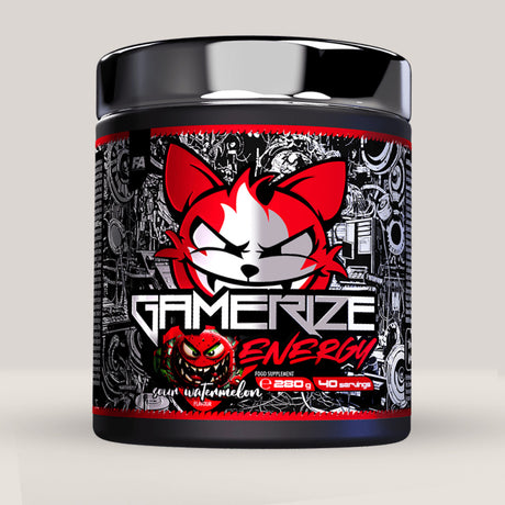 Cutie de Gamerize Energy de la Fitness Authority, supliment pudră pentru energie și focus în gaming, ambalaj de 280g. Pepene rosu.
