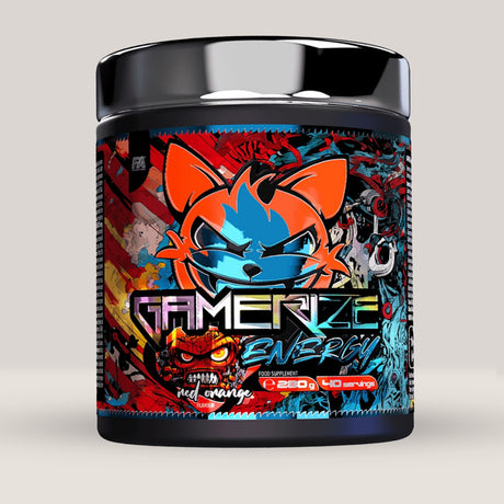 Cutie de Gamerize Energy de la Fitness Authority, supliment pudră pentru energie și focus în gaming, ambalaj de 280g. Portocale.