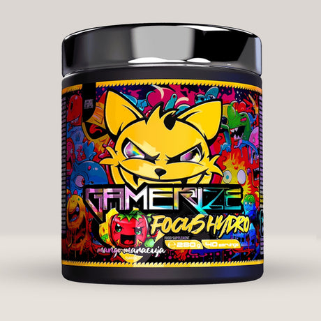 Cutie de Gamerize Focus Hydro de la Fitness Authority, supliment de 280g pentru focus și hidratare, fără cafeină. Mango.