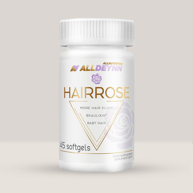 Cutie de Hairrose de la Alldeynn, supliment împotriva căderii părului cu Beaulixir®, 45 de capsule moi.