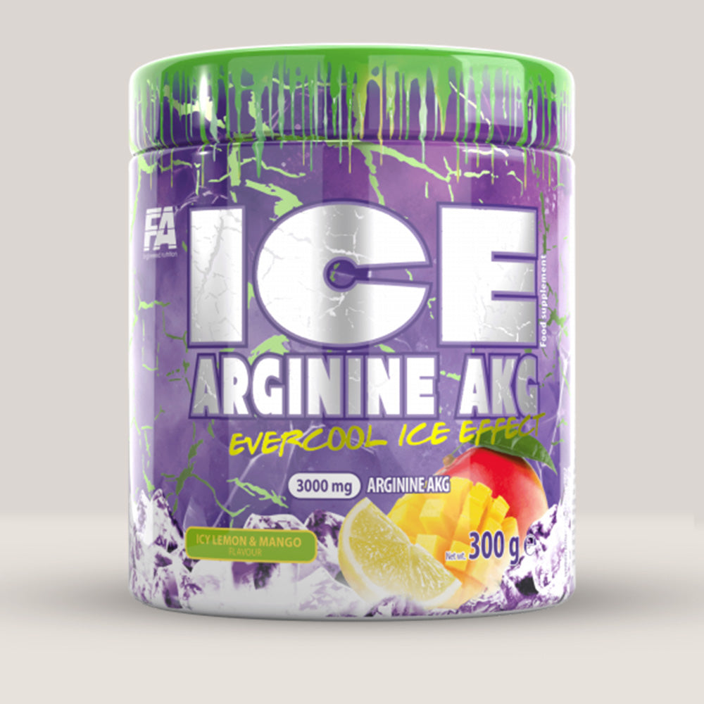 Cutie de ICE Arginine AKG de la Fitness Authority, supliment cu AAKG pentru pompare și anduranță, ambalaj de 300g. Lime & mango.