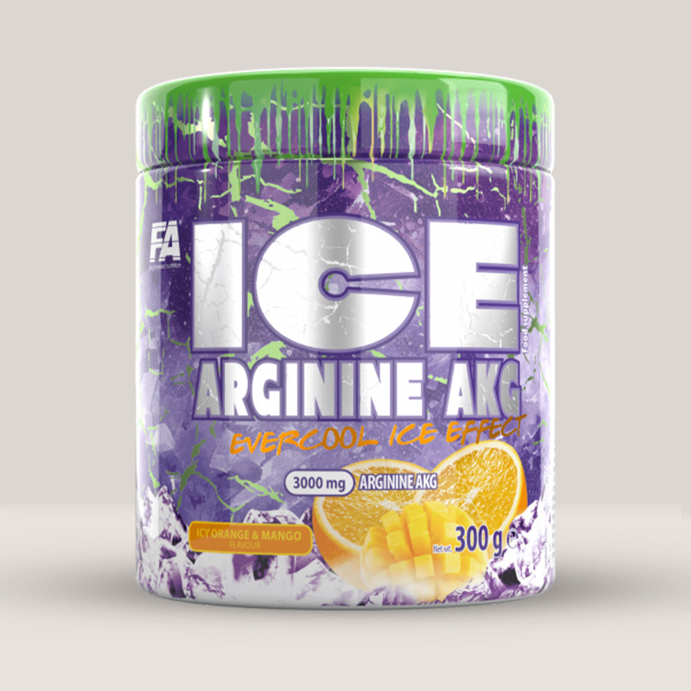 Cutie de ICE Arginine AKG de la Fitness Authority, supliment cu AAKG pentru pompare și anduranță, ambalaj de 300g. Mango.