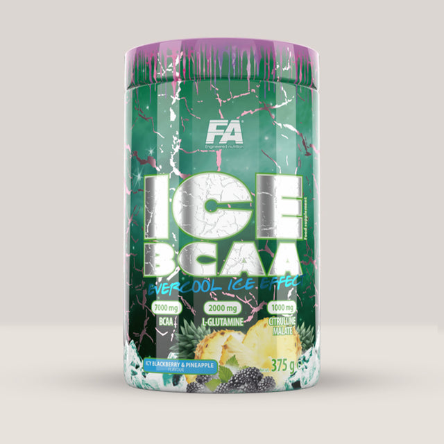 Cutie de ICE BCAA de la Fitness Authority, supliment cu BCAA și glutamină pentru recuperare musculară, ambalaj de 375g.