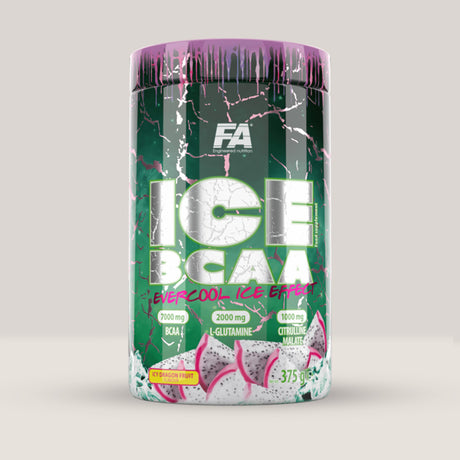 Imagine cu o cutie de FA ICE BCAA (375g, 30 de serviri), aminoacizi BCAA cu aromă răcoritoare de fructul pasiunii.