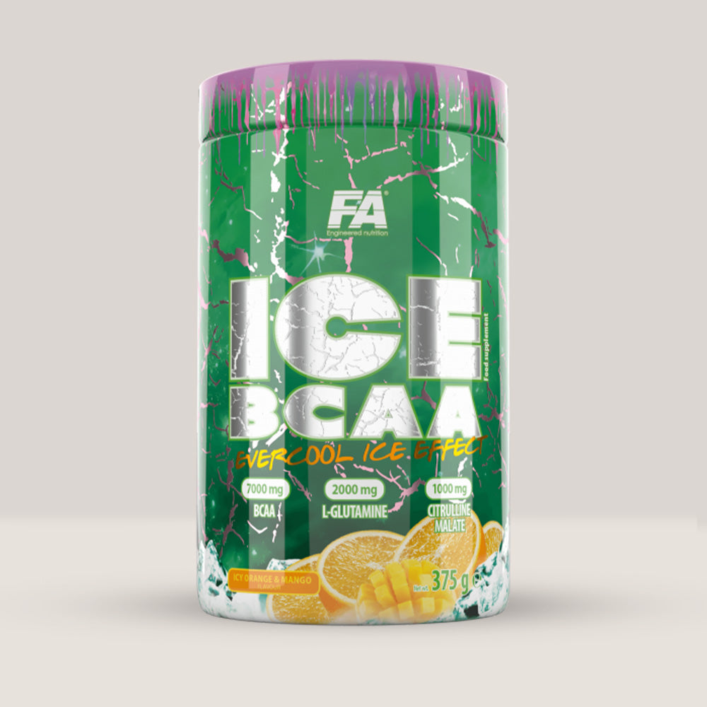  Imagine cu o cutie de FA ICE BCAA (375g, 30 de serviri), aminoacizi BCAA cu aromă răcoritoare de portocale și mango.