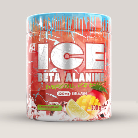 Imagine cu o cutie de FA ICE Beta Alanine (300g, 60 de serviri), beta-alanină cu aromă răcoritoare pentru creșterea rezistenței cu aromă de lămâie și mango.