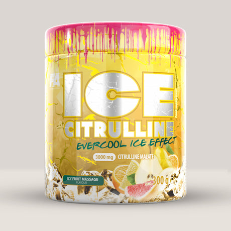 Imagine cu o cutie de FA ICE Citrulline (300g, 75 de serviri), L-citrulină malat cu aromă răcoritoare pentru creșterea performanței cu aromă de fructe.